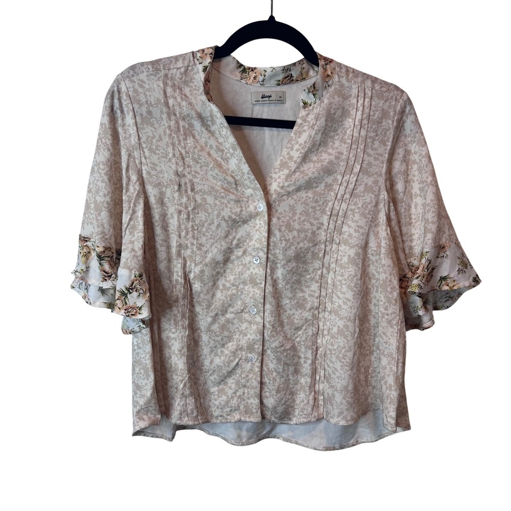 Maaji Women's Medium Beige Floral Print Ruffle Sleeve Button Up Shirt Top
